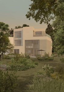 Lake House: visualisation of contemporary new build residence. North facade