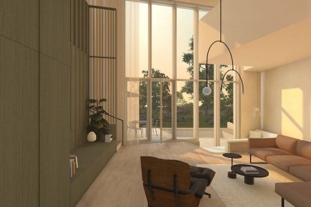 Lake House: interior visualisation of contemporary new build residence. living room
