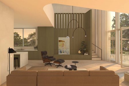 Lake House: interior visualisation of contemporary new build residence. living room