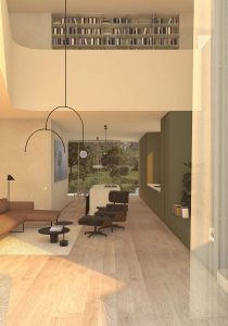 Lake House: interior visualisation of contemporary new build residence. living room